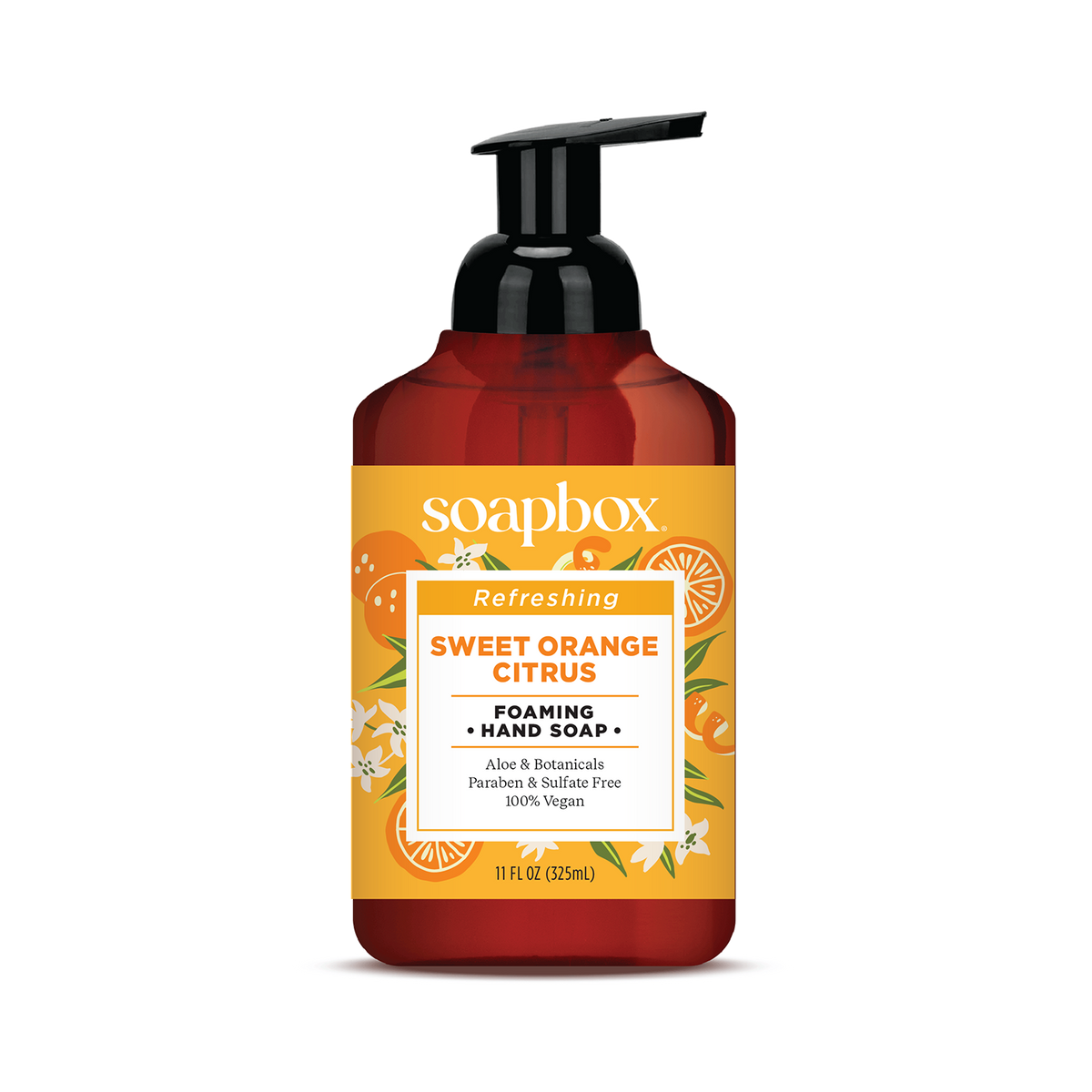 Red and amber bottle of Soapbox Sweet Orange Citrus foaming hand soap with black pump dispenser and orange citrus label.