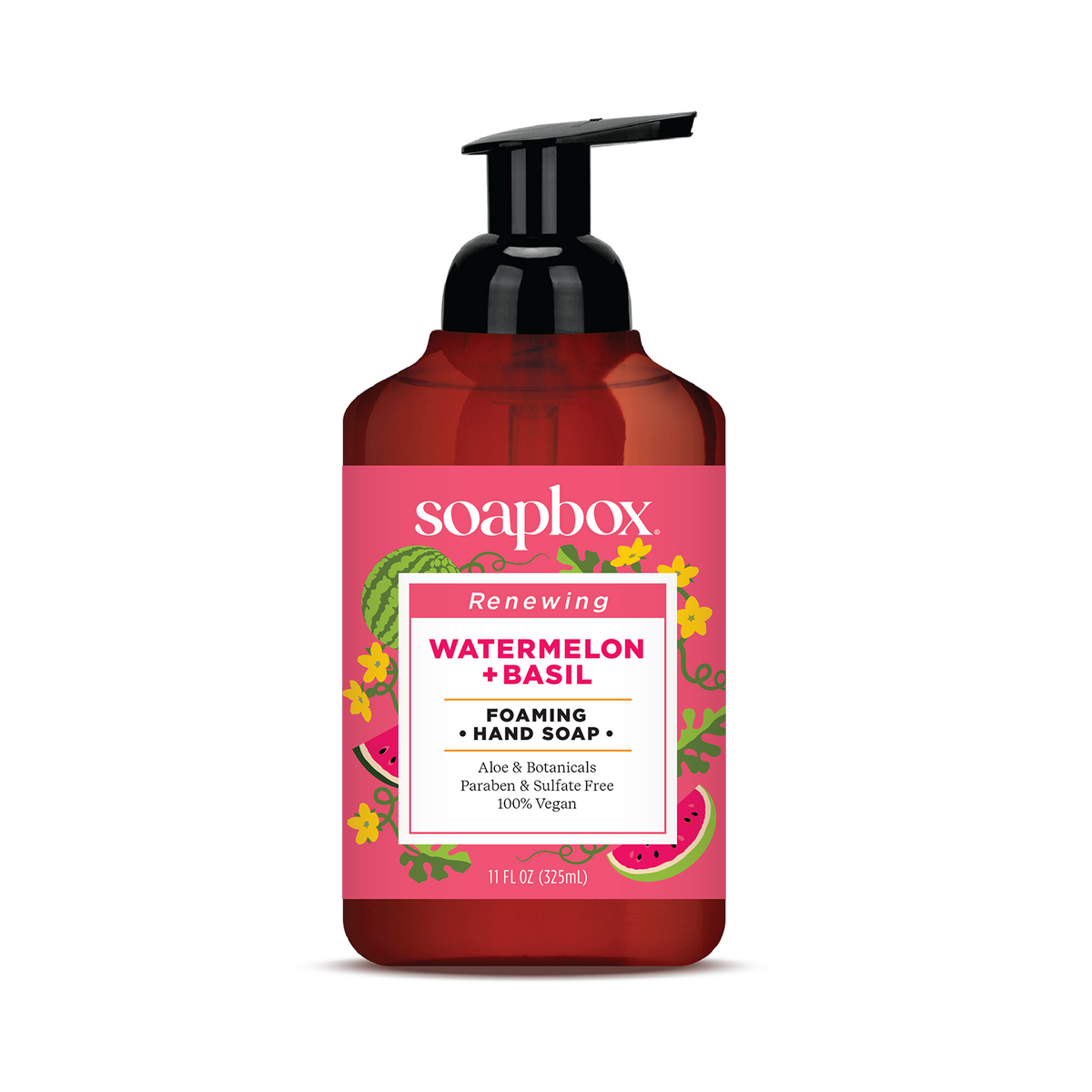 Red and pink foaming hand soap bottle with black pump dispenser, labeled watermelon and basil scent.