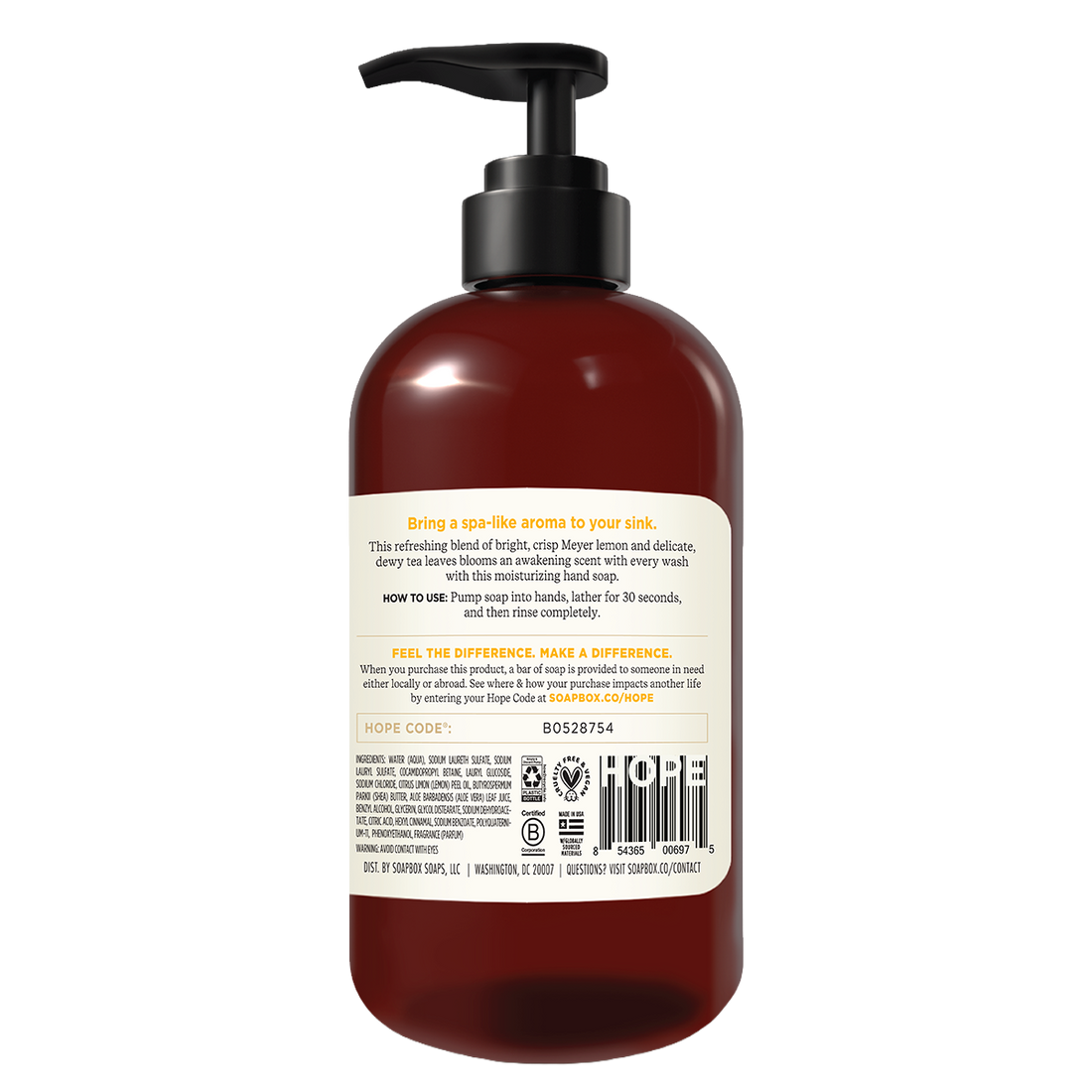 Dark amber bottle with black pump dispenser containing moisturizing hand soap with Meyer lemon and tea leaves fragrance.