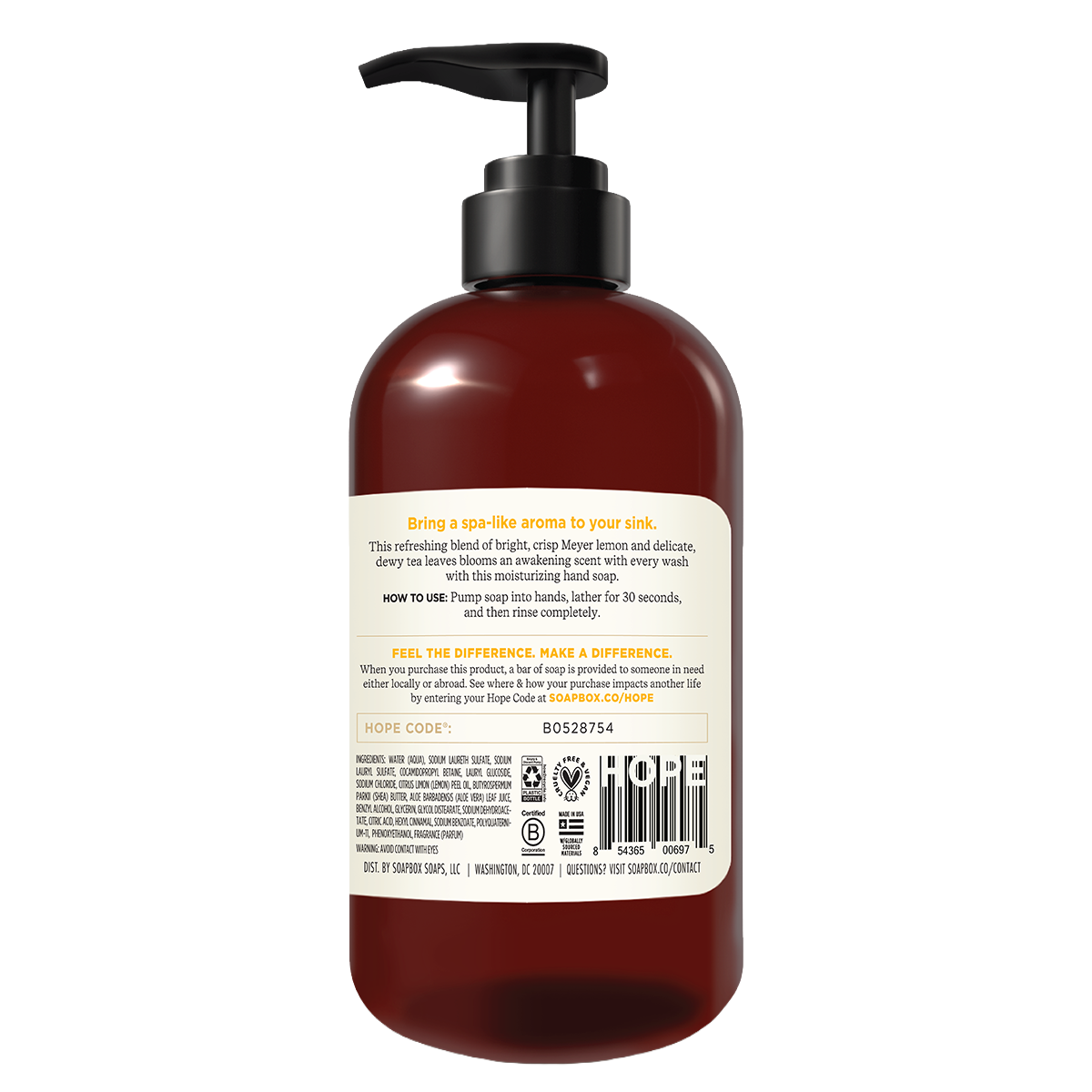 Dark amber bottle with black pump dispenser containing moisturizing hand soap with Meyer lemon and tea leaves fragrance.