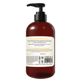 Dark amber bottle with black pump dispenser containing moisturizing hand soap with Meyer lemon and tea leaves fragrance.