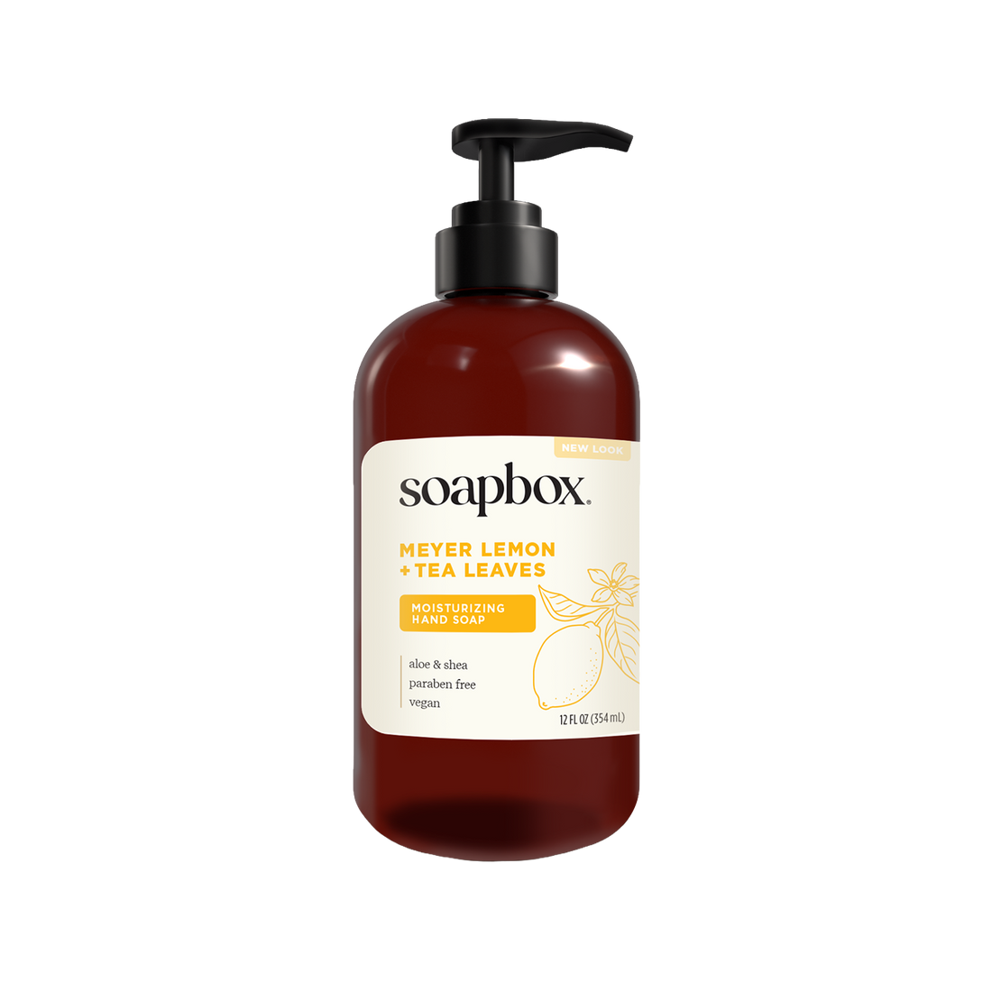 Dark amber bottle of Soapbox Meyer Lemon and Tea Leaves hand soap with black pump dispenser and cream label.