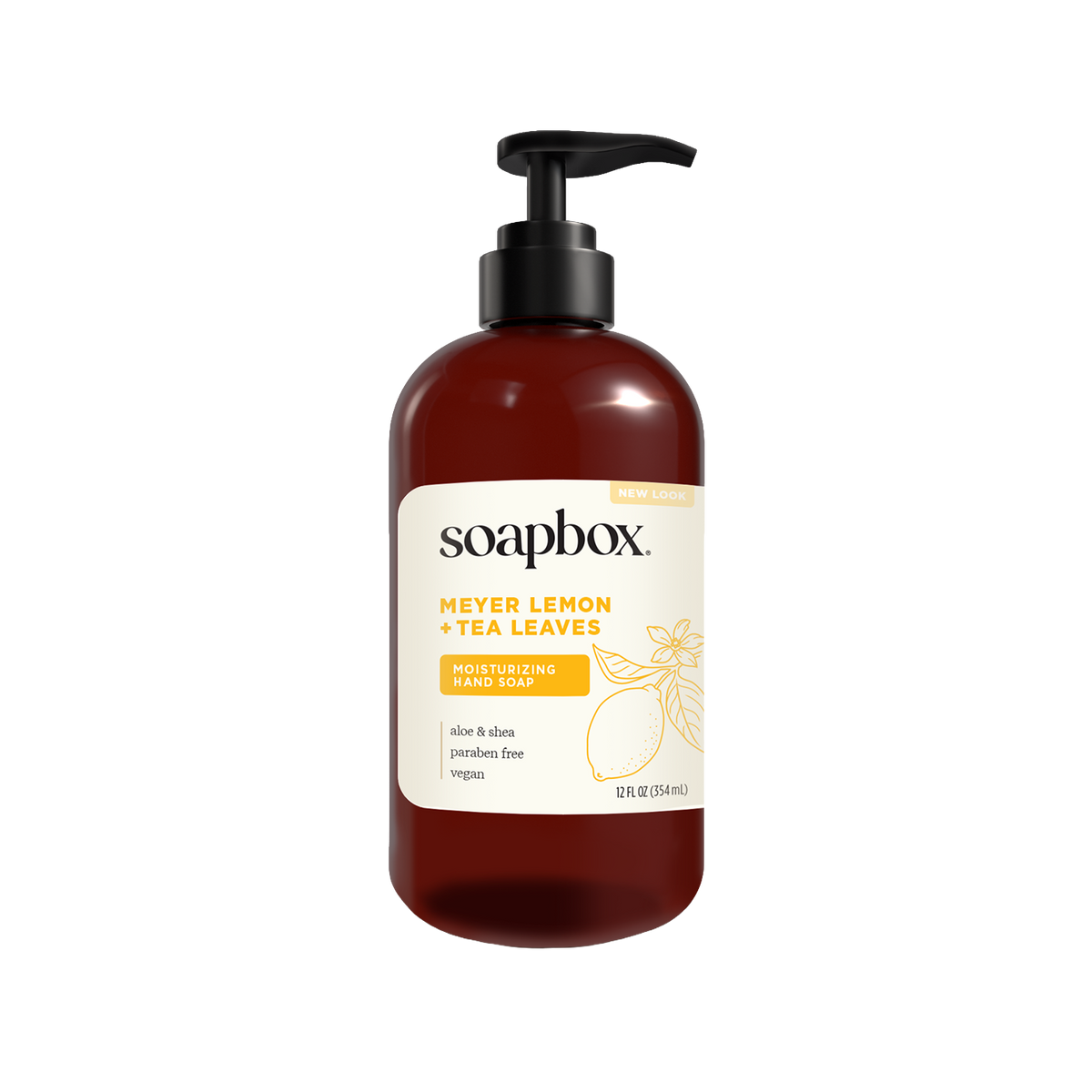 Dark amber bottle of Soapbox Meyer Lemon and Tea Leaves hand soap with black pump dispenser and cream label.