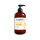 Dark amber bottle of Soapbox Meyer Lemon and Tea Leaves hand soap with black pump dispenser and cream label.