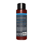Dark red bottle with black cap and blue label band containing men's 2-in-1 scalp care shampoo and conditioner.