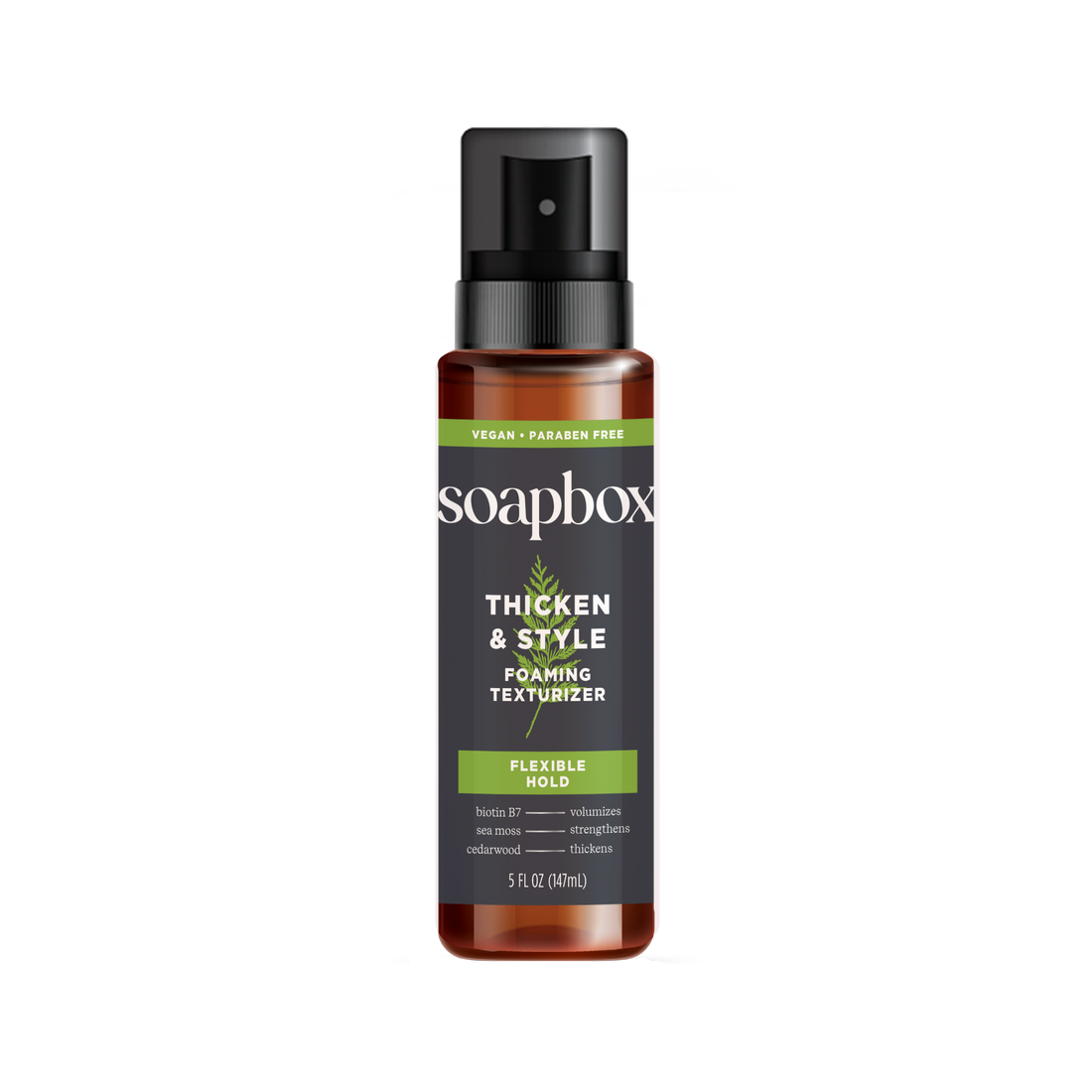 Soapbox Thicken & Style Foaming Texturizer spray bottle with black pump top and amber glass container.