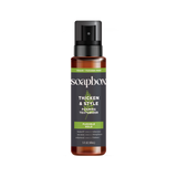 Soapbox Thicken & Style Foaming Texturizer spray bottle with black pump top and amber glass container.
