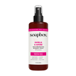 Soapbox Shield & Shine heat protecting blowout spray in dark amber bottle with black spray top and white label.