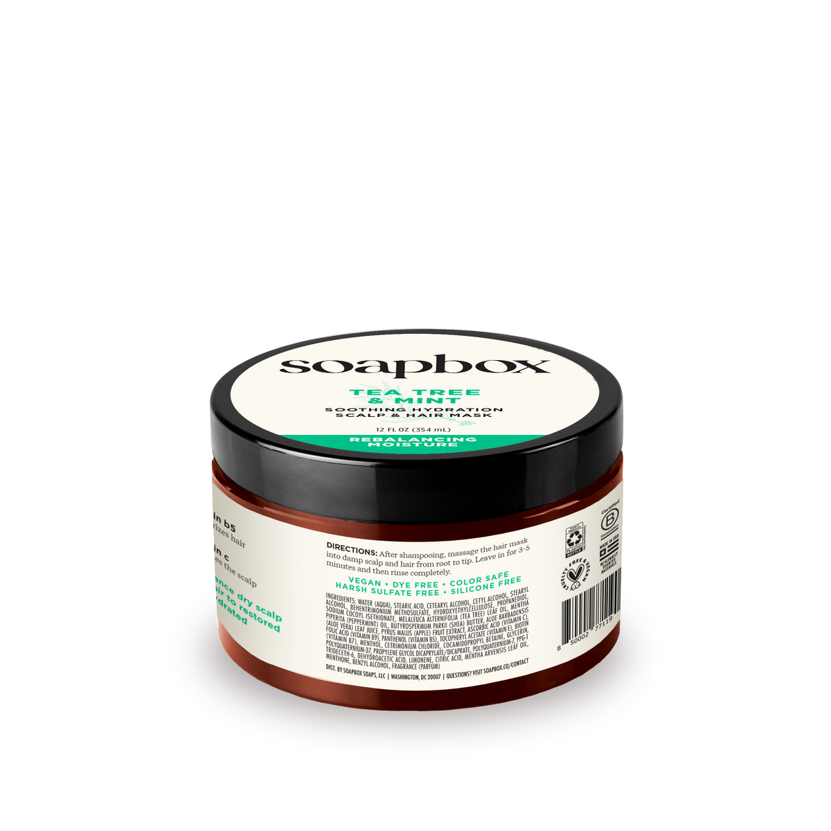 Soapbox Tea Tree & Mint hair mask in a round dark amber jar with black lid and cream and green label.