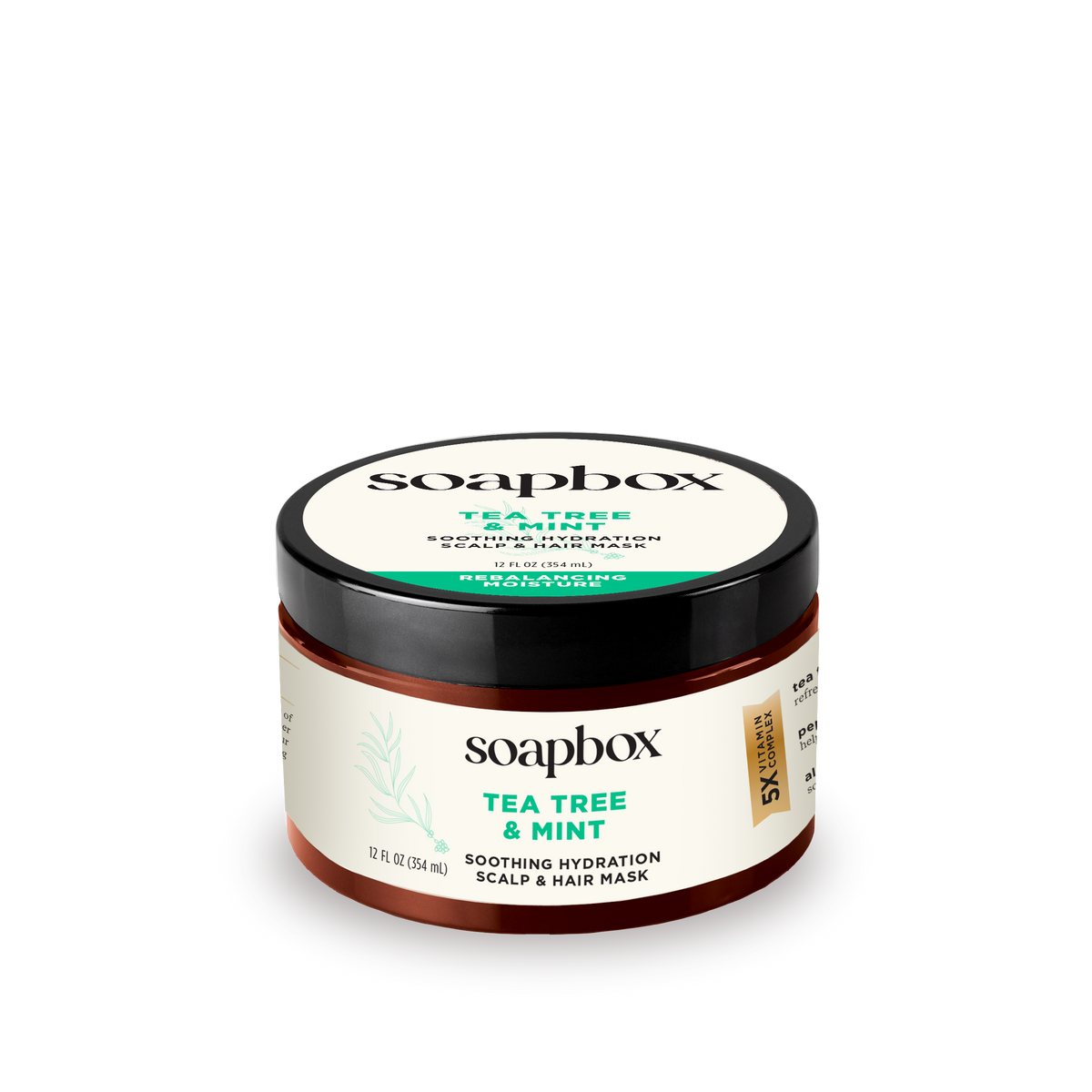 Soapbox Tea Tree & Mint hair mask in a 12 fl oz amber glass jar with black lid and cream-colored label.