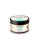 Soapbox Tea Tree & Mint hair mask in a 12 fl oz amber glass jar with black lid and cream-colored label.