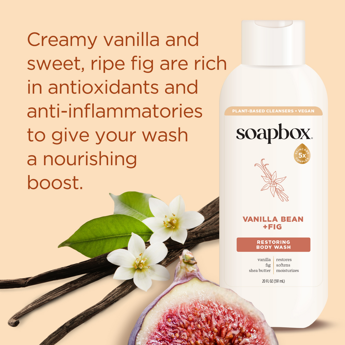 White plastic bottle of Soapbox Vanilla Bean + Fig body wash with vanilla pods, white flowers, and fig fruit on beige backgro