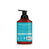 Dark red foaming hand soap bottle with black pump dispenser and turquoise label on white background.