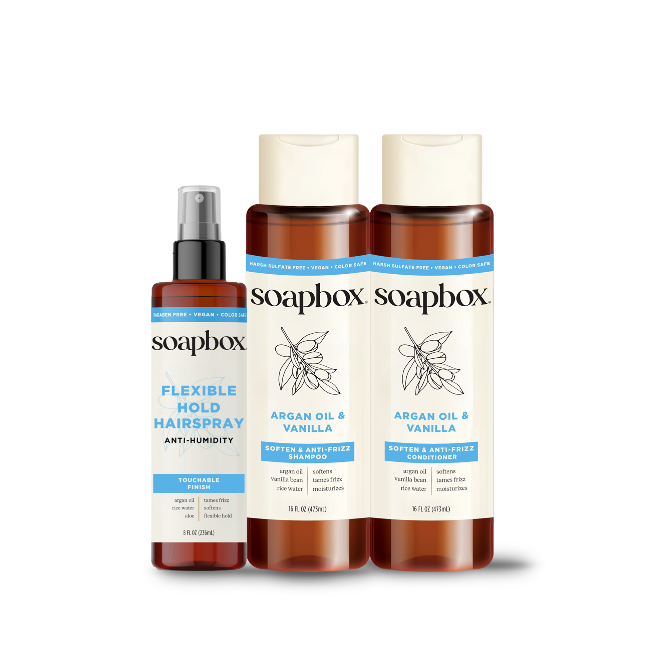 Three Soapbox hair care products: flexible hold hairspray, argan oil and vanilla shampoo, and matching conditioner in amber b
