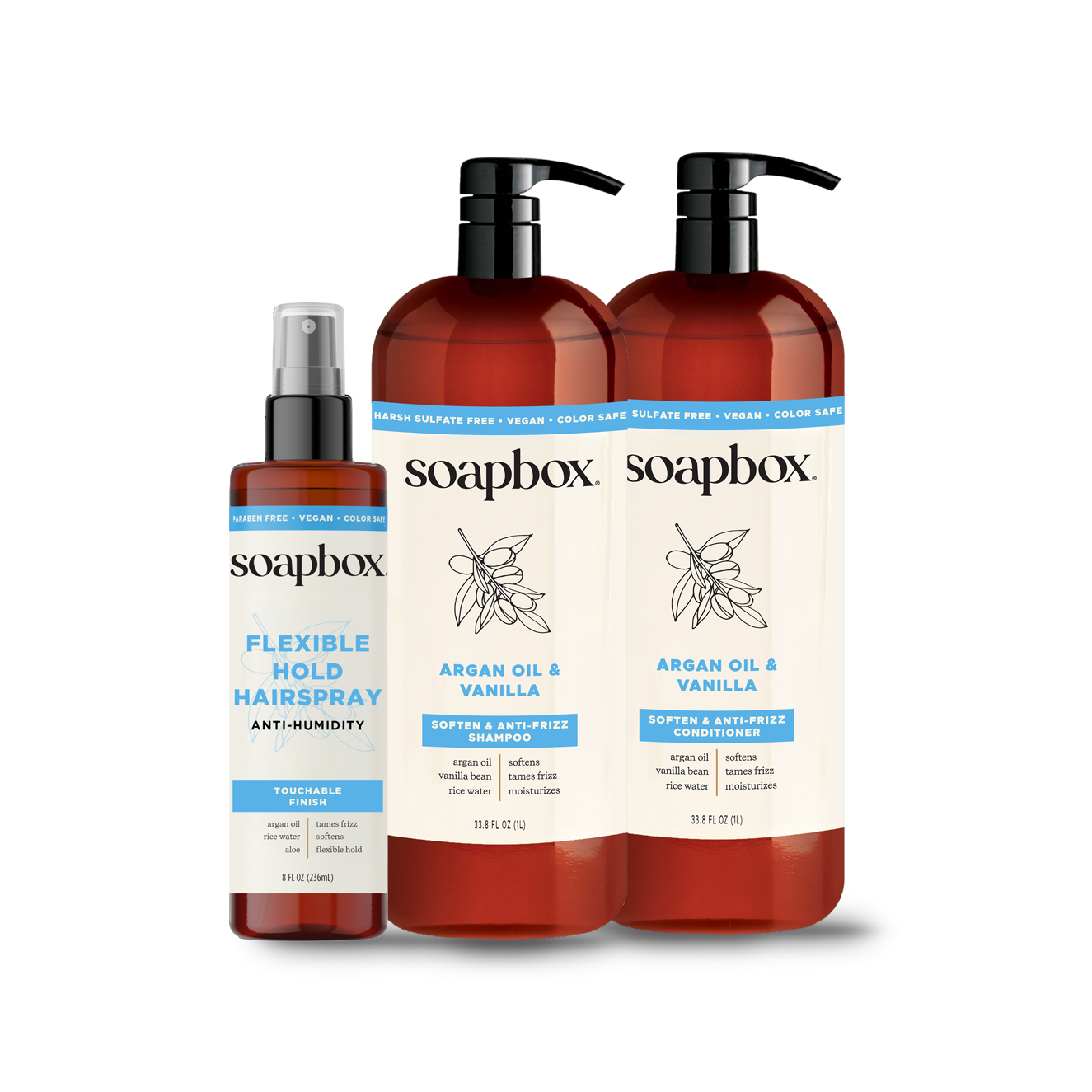 Three Soapbox hair care products in amber bottles: flexible hold hairspray, argan oil and vanilla shampoo, and conditioner wi