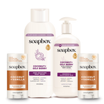 Five-piece Soapbox body care set including deodorant, body wash, and body lotion in coconut, goji berry, and vanilla scents.