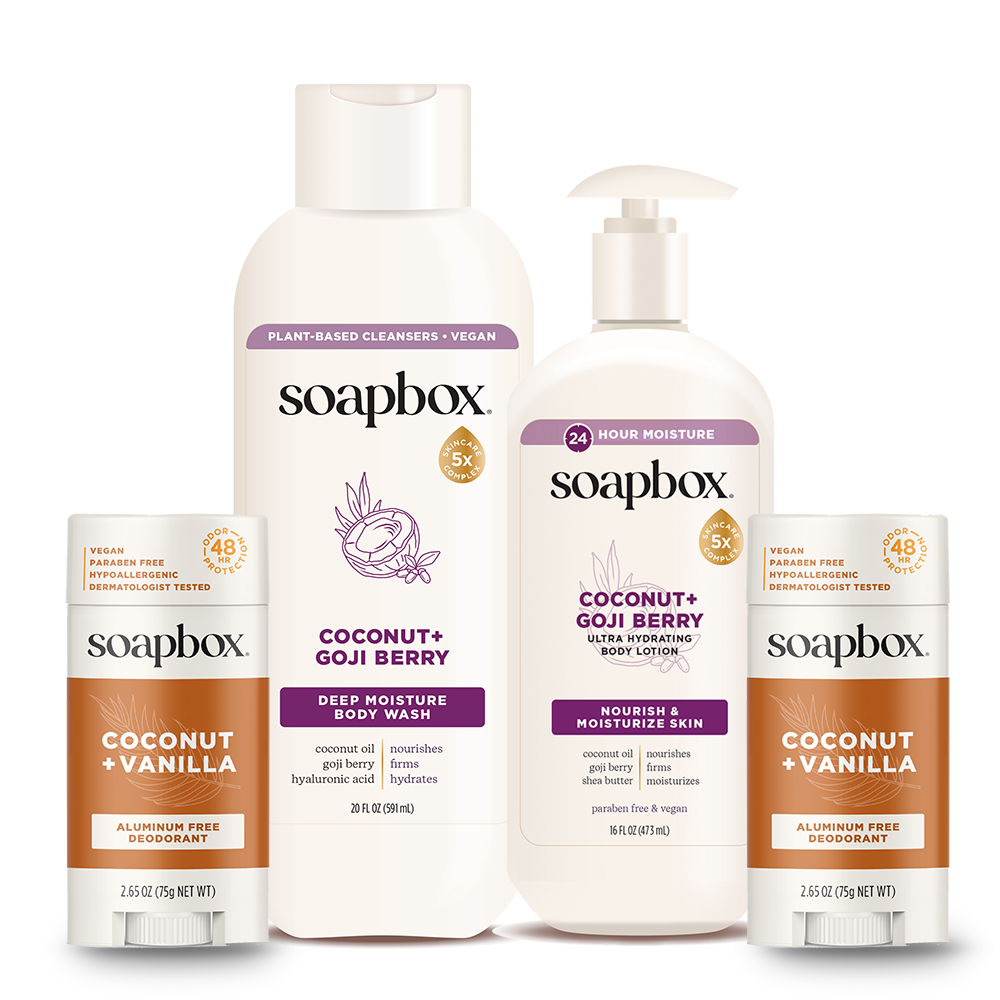 Five-piece Soapbox body care set including deodorant, body wash, and body lotion in coconut, goji berry, and vanilla scents.