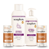 Five-piece Soapbox body care set including deodorant, body wash, and body lotion in coconut, goji berry, and vanilla scents.