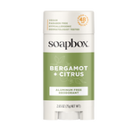 Soapbox bergamot and citrus aluminum-free deodorant stick with white cap and green label, 2.65 oz.