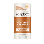 Soapbox Coconut + Vanilla aluminum free deodorant stick, 2.65 oz, with cream top and brown label.