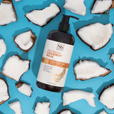 Black pump bottle of coconut milk body lotion surrounded by halved coconuts on bright blue background.