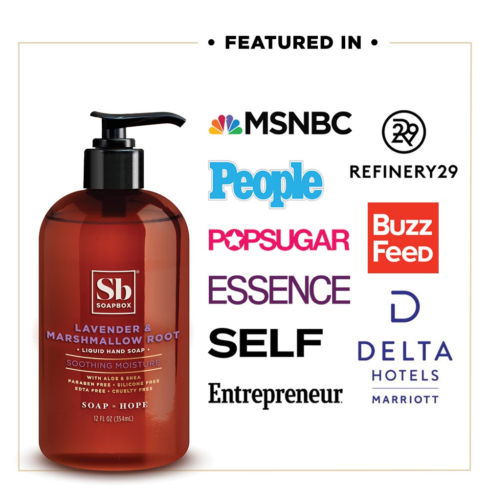 Clear amber bottle with black pump dispenser containing lavender and marshmallow root liquid hand soap.