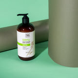 Brown pump bottle with white label reading "Bamboo & Green Tea Moisturizing Body Lotion" on mint green and gray background.