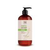 Amber bottle with black pump dispenser containing moisturizing body lotion with bamboo and green tea label.