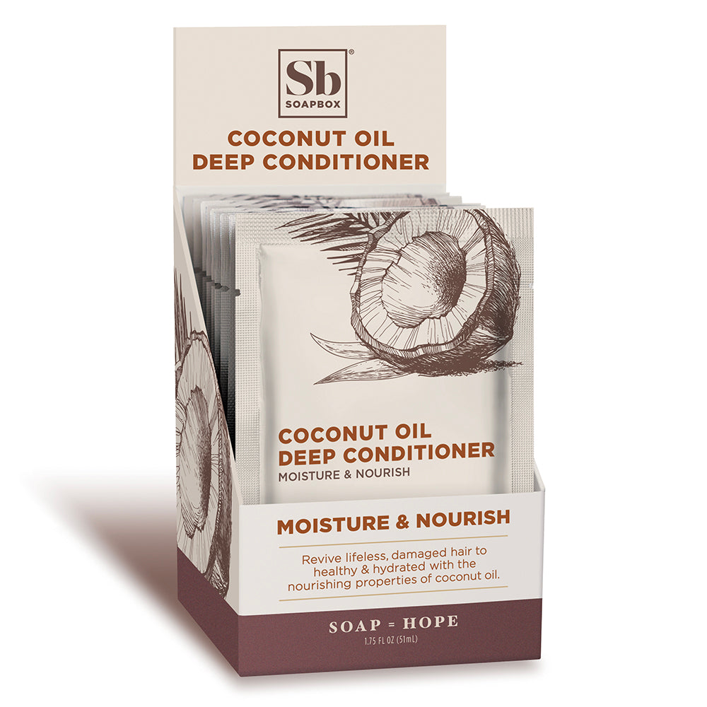 Soapbox Coconut Oil Deep Conditioner sachet with coconut illustration and product information on cream and burgundy packaging