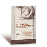 White sachet packet labeled "Coconut Oil Deep Conditioner" with brown coconut illustration and Soapbox branding, 1.75 fl oz s