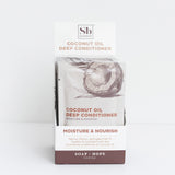 Soapbox Coconut Oil Deep Conditioner sachets with illustrated coconut and product information on white packaging.
