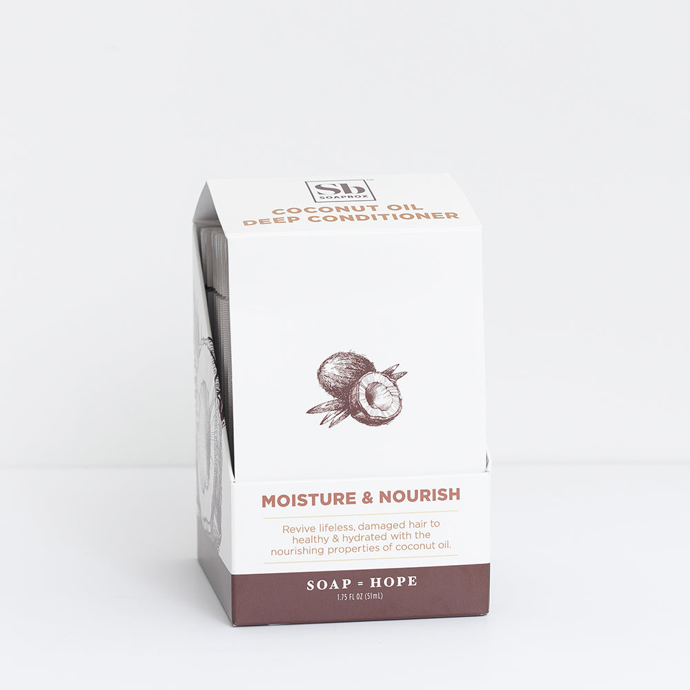 White sachet packet with coconut illustration, labeled "Coconut Oil Deep Conditioner" by Soap Hope, 1.5 fl oz.
