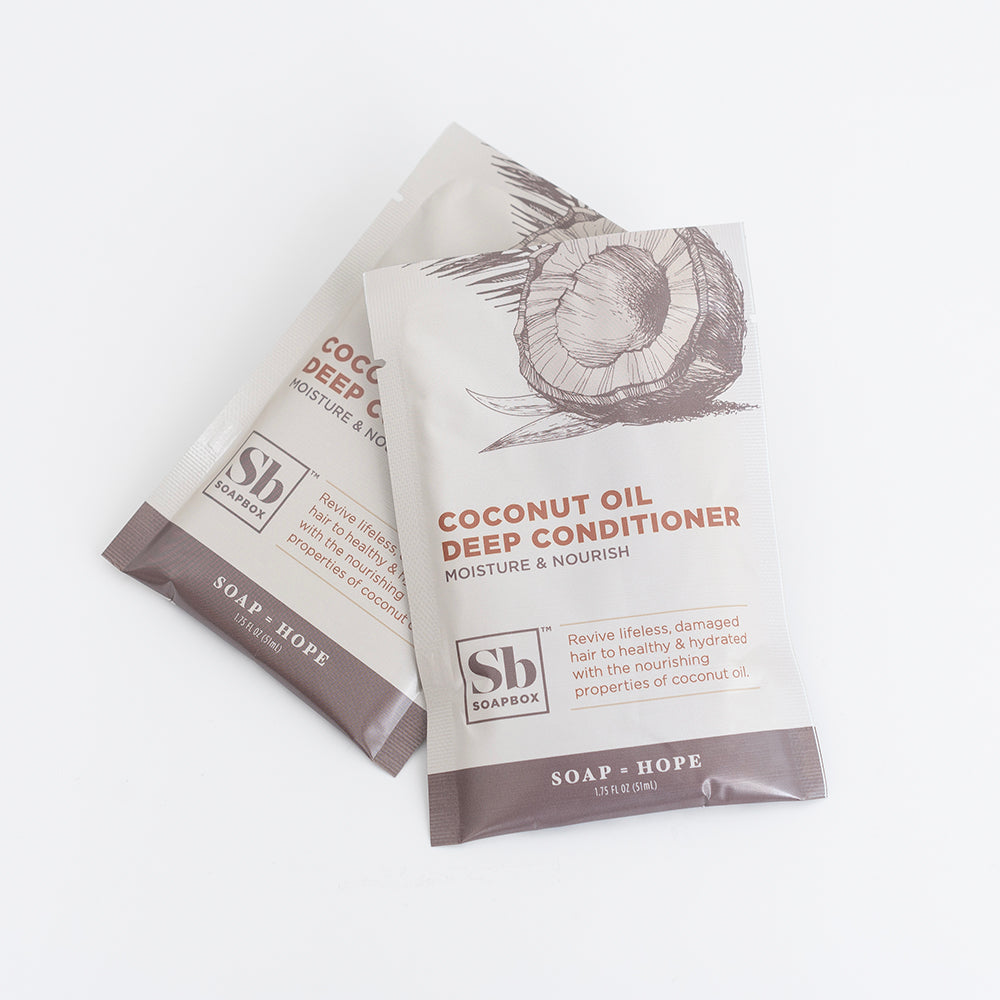Soap & Hope coconut oil deep conditioner sachets with brown and cream packaging featuring a coconut illustration.