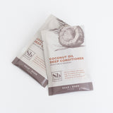 Soap & Hope coconut oil deep conditioner sachets with brown and cream packaging featuring a coconut illustration.
