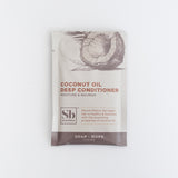 Single-use sachet packet of Coconut Oil Deep Conditioner by Soap Hope with beige and brown labeling and coconut illustration.
