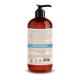 Amber-colored pump bottle of body lotion with black dispenser top and beige label with product information.