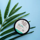 Black jar with cream-colored label reading "Tea Tree Soothing Hydration Hair Mask" surrounded by fresh green tea tree leaves 