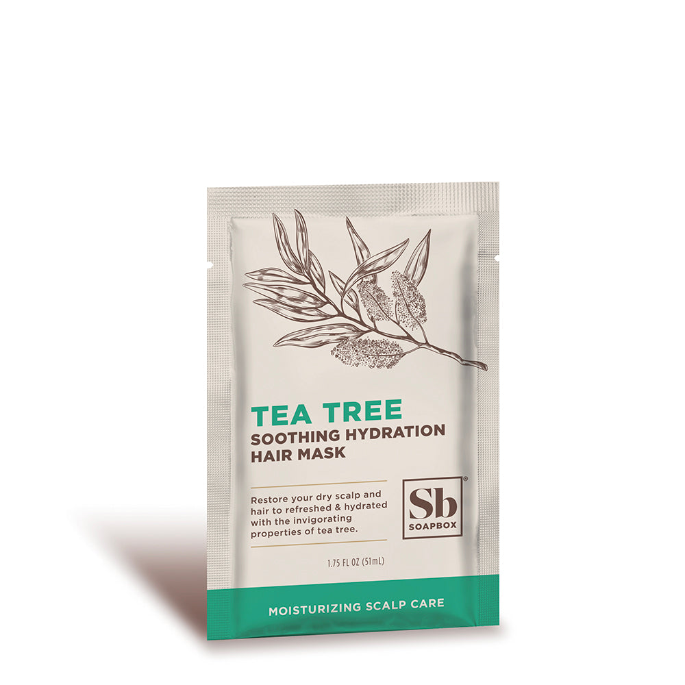 Single-use sachet packet of tea tree soothing hydration hair mask, 1.75 fl oz, with botanical illustration and teal stripe.