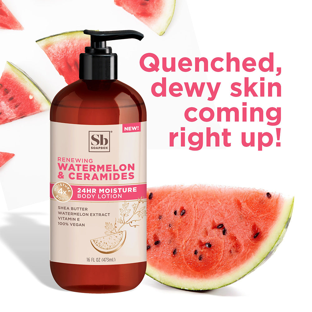 Pump bottle of watermelon and ceramides body lotion surrounded by fresh watermelon slices.