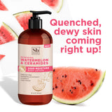 Pump bottle of watermelon and ceramides body lotion surrounded by fresh watermelon slices.