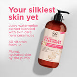 Amber glass pump bottle of Renewing Watermelon & Ceramides body lotion with cream and red label.