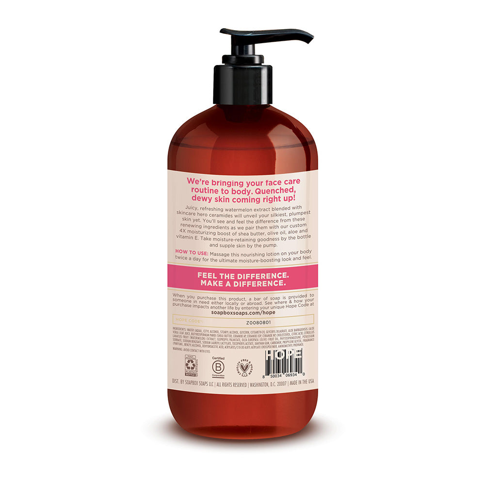 Red and cream plastic bottle with black pump dispenser containing watermelon and ceramides body lotion.
