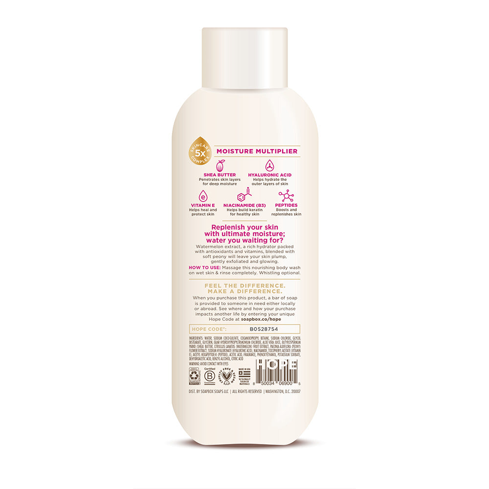 Cream-colored bottle of nourishing body wash with white cap and pink ingredient icons on label.