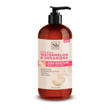 Red and cream pump bottle of Soapbox watermelon and ceramides body lotion, 16 fl oz.